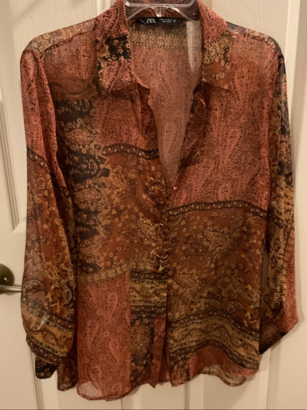 Zara Sheer Paisley Button-Front Blouse in Rust and Brown